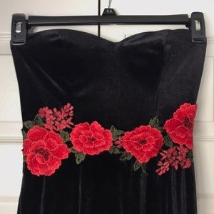 Black velvet red rose prom dress
